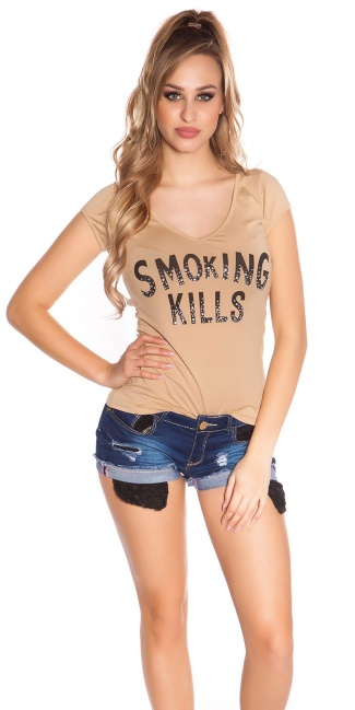 T-Shirt Smoking Kills with skull Beige